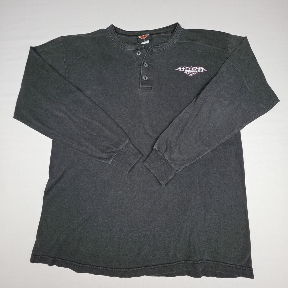 VTG Harley Davidson Savannah Georgia Henley Shirt Mens L Cotton 2002 Y2K